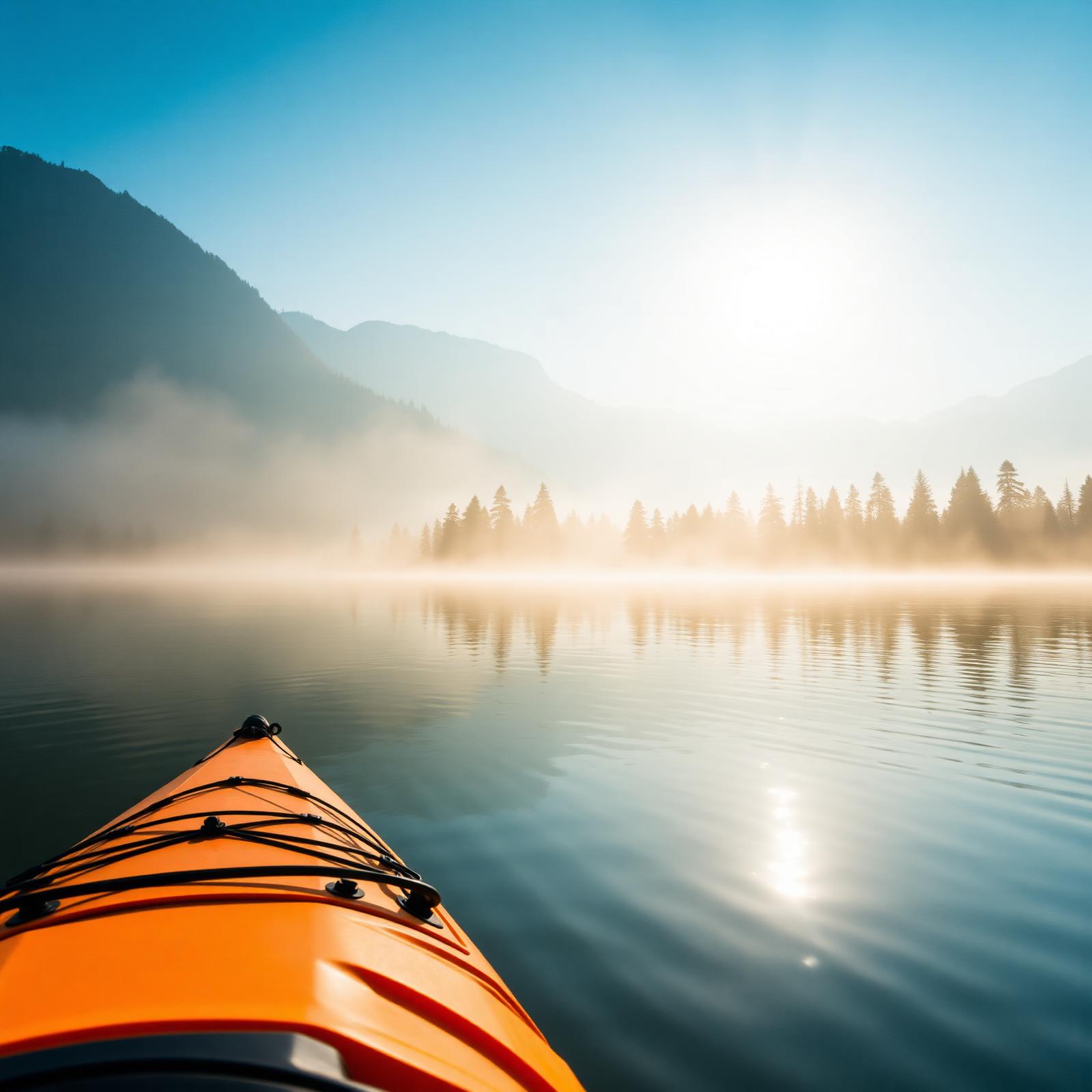 A touring kayak on a misty mountain lake at sunrise